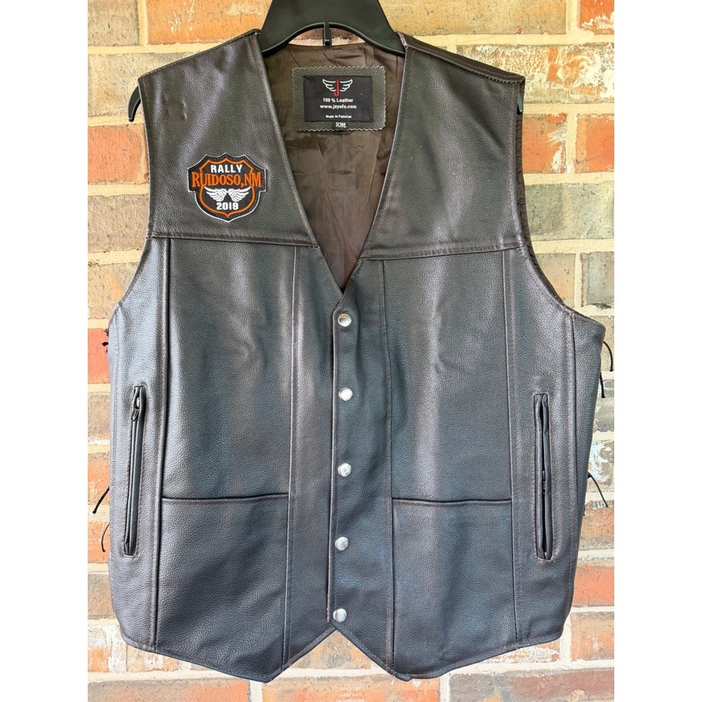 Biker Vest Motorcycle Brown Leather Womens Sz 2XL Side Lace Up  Pockets Patch